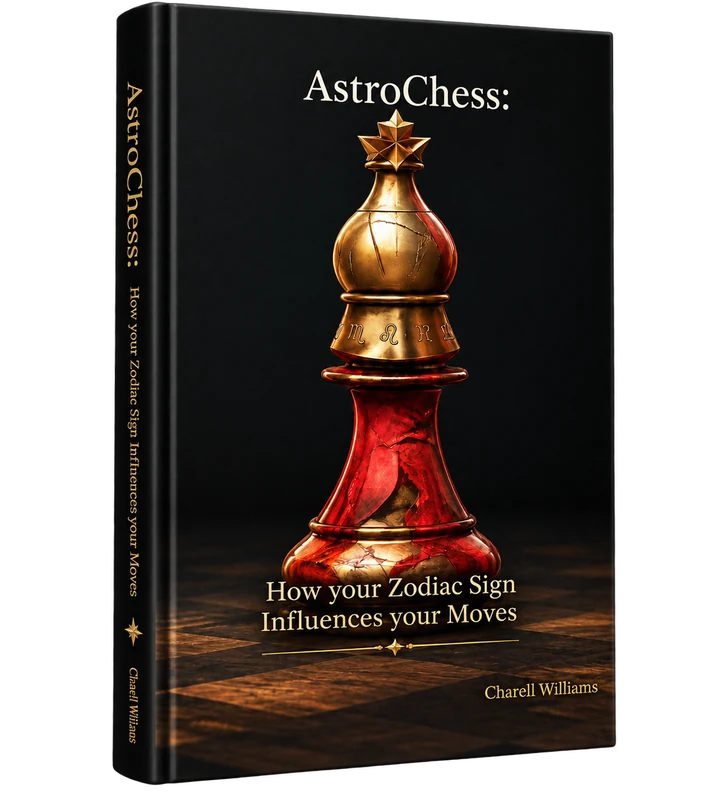 AstroChess by Charell Williams, hardcover edition showing a gold and red chess piece on a chessboard